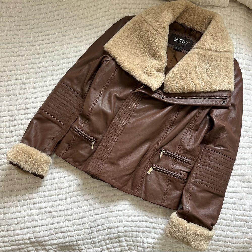 Badgley Mischka Lamb Leather Biker Jacket w/ Shearling Cuffs Small
